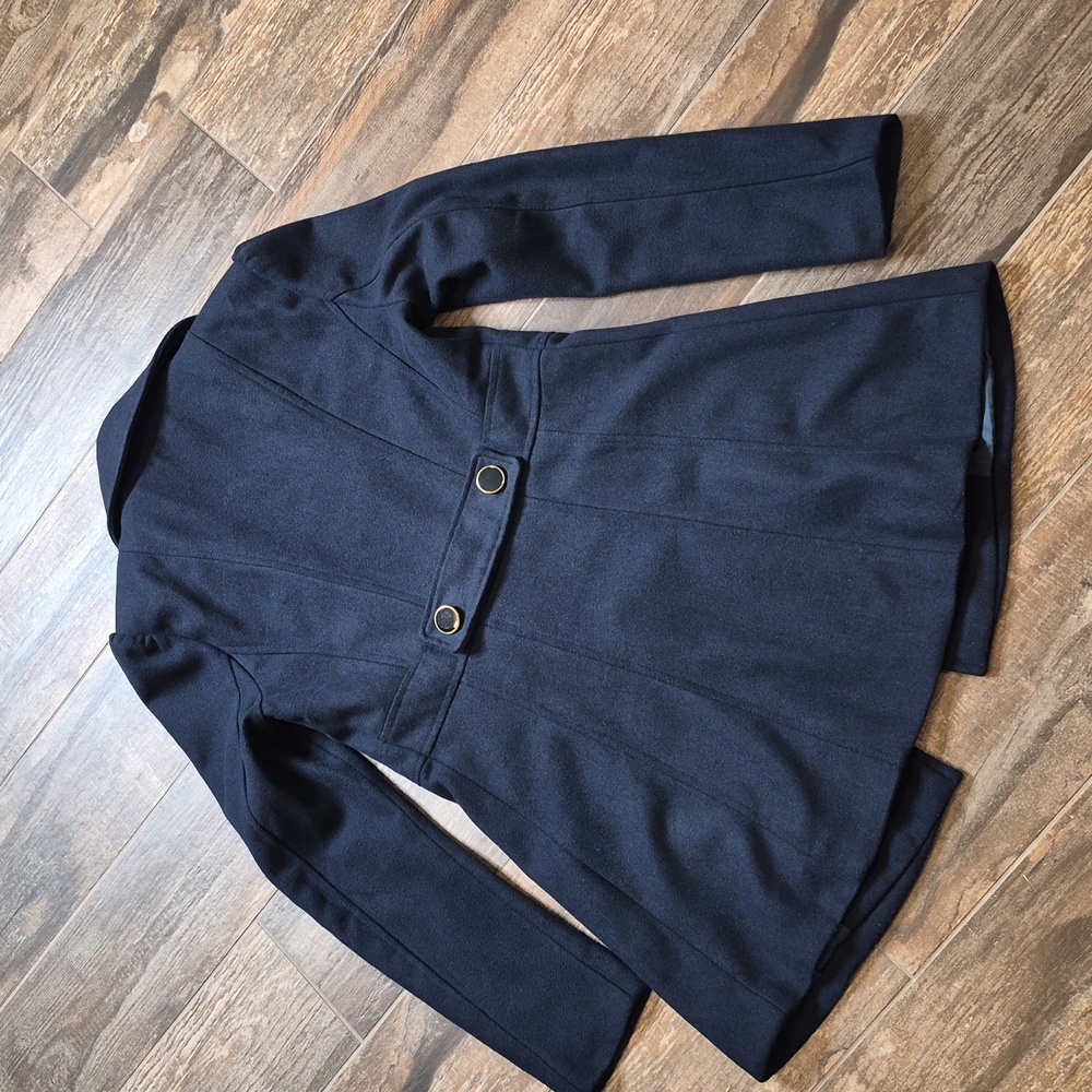 Say What? Navy Blue Ruffle Detail Puff Sleeve Wool Blend Lined Midi Coat, XS - Picture 10 of 11